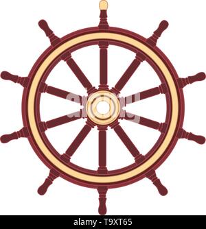 Barca di vettore volantino, nave ruota timone. Mare, simbolo dell'oceano Illustrazione Vettoriale