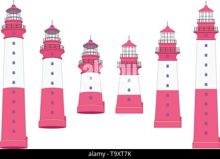 Vettore profilo piatto Lighthouse, il faro, set di faro a luce rotante Illustrazione Vettoriale