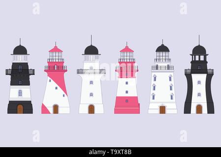 Vettore profilo piatto Lighthouse, il faro, set di faro a luce rotante Illustrazione Vettoriale