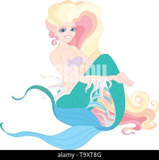 Vectorr profilo piatto Cartoon carino mermaid Fairy mare Illustrazione Vettoriale