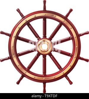 Barca di vettore volantino, nave ruota timone. Mare, simbolo dell'oceano Illustrazione Vettoriale