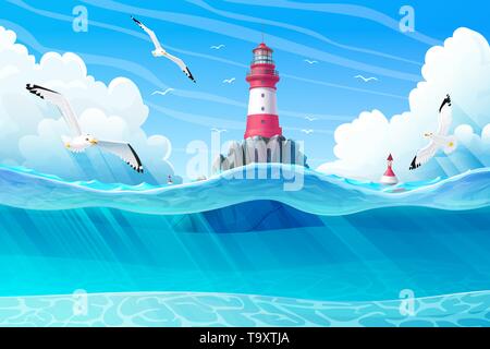 Vector cartoon Faro del porto di mare clipart nautico Illustrazione Vettoriale