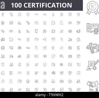 Linea di certificazione icone, segni, set di vettore, illustrazione di contorno concept Illustrazione Vettoriale