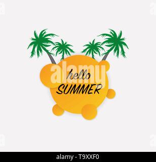 Ciao estate banner moderno verde con alberi di palma, rotondo arancione forme geometriche, vettore illustrazione, file eps Illustrazione Vettoriale