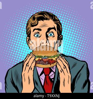 Sorpreso uomo mangiare hamburger. La Pop art retrò illustrazione vettoriale kitsch vintage Illustrazione Vettoriale
