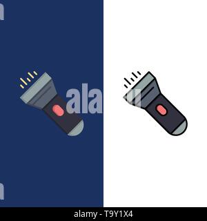 Torcia elettrica, luce, torcia, le icone del flash. Piatto e riempito di linea Imposta icona Vettore sfondo blu Illustrazione Vettoriale