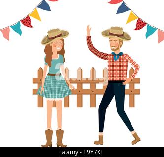 Gli agricoltori coppia danzante con cappello di paglia Illustrazione Vettoriale