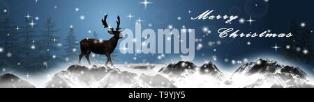 Le renne nelle montagne innevate e Buon Natale testo - Natale panorama invernale di sfondo - 3D illustrazione Foto Stock