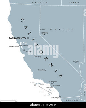 California mappa politico con capitale a Sacramento, la più grande città e confini. Stato nella regione del Pacifico degli Stati Uniti. La Golden State. Foto Stock