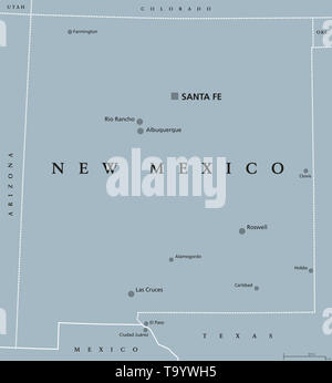 Nuovo Messico, mappa politico, con capitale Santa Fe, la più grande città e confini. Stato nella regione sudoccidentale degli Stati Uniti d'America. Foto Stock