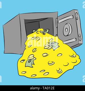 Cartoon illustrazione di una cassetta di sicurezza con un sacco di soldi, il salvataggio o il concetto di ricchezza illustrazione Illustrazione Vettoriale