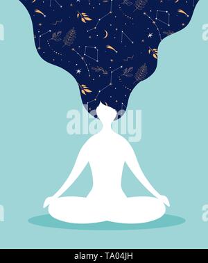Mindfulness, meditazione e yoga sfondo in colore pastello colori vintage - donna seduta con le gambe incrociate e la meditazione. Illustrazione Vettoriale
