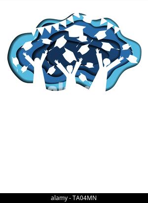 Gli studenti sagome di gettare i tappi di graduazione dei caratteri. Laurea universitaria cartoon illustrazione vettoriale. Carta tagliata stile. Illustrazione Vettoriale