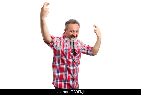Speranzoso uomo sorridente come mostra buona fortuna gesto con le dita incrociate isolato su bianco di sfondo per studio Foto Stock