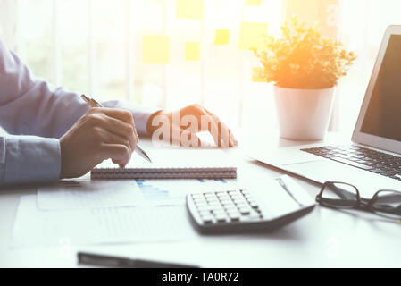 Ragioniere conteggi tasse, lavora nell'ufficio. Affari e finanza concept Foto Stock