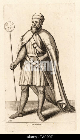 Templarius, un cavaliere medievale dei Cavalieri Templari, incisione di Wenceslaus Hollar, xvii secolo Foto Stock