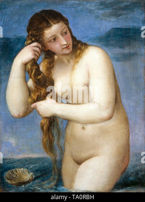 Tiziano, Tiziano Vecellio, Venere Rising from the Sea (Venere Anadyomene), dipinto ad olio su tela, 1520 Foto Stock