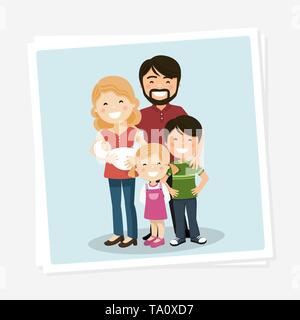 Felice foto di famiglia con i genitori, bambini e babyborn. Illustrazione Vettoriale Illustrazione Vettoriale