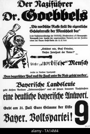 Il poster della bavarese del Partito popolare fa appello alla popolazione bavarese nelle elezioni parlamentari del 31 luglio 1932 non esprimano il loro voto su il partito nazista, ma a votare per il popolo bavarese del partito. Foto Stock