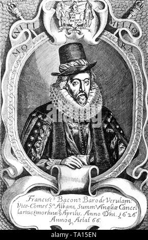 Sir Francis Bacon, Barone di Verulam (dal 1618), un inglese un filosofo e statista, all'età di 66 . Bacon è nato a Londra il 01.22.1561; deceduto il 04.09.1626. Egli era un avvocato e tra gli altri Lord Cancelliere (dal 1618), la sua carriera pubblica si è conclusa in disgrazia nel 1621 a causa di un caso di corruzione. Bacon ha scritto importanti contributi per il nuovo concetto di conoscenza del Rinascimento: invece di magia e di coincidenza in natura la ricerca di Bacon chiede un rigoroso approccio scientifico, invece di ragionamento deduttivo ragionamento induttivo, basato sull' esperienza, disposti a conoscere la semplice verità Foto Stock