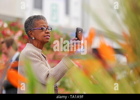 Una donna si vede per scattare delle foto di un display floreali durante il Chelsea Flower Show. Il Royal Horticultural Society Chelsea Flower Show è un giardino annuali mostrano che oltre cinque giorni nella motivazione del Royal Hospital Chelsea nella zona ovest di Londra. La mostra è aperta al pubblico dal 21 maggio fino al 25 maggio 2019. Foto Stock