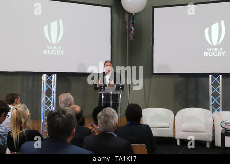 Bublin. 22 Maggio, 2019. Rugby mondiale CEO Brett Gosper parla nel corso di una conferenza stampa a Dublino, Irlanda, 21 maggio 2019. Mondo Rugby martedì ha lanciato una nuova "donne nel Rugby' identità di marca e un 'Cercare di fermare noi' campagna globale di Dublino con lo scopo di incoraggiare un maggior numero di persone ad impegnarsi nelle donne il rugby. Credito: Xinhua/Alamy Live News Foto Stock