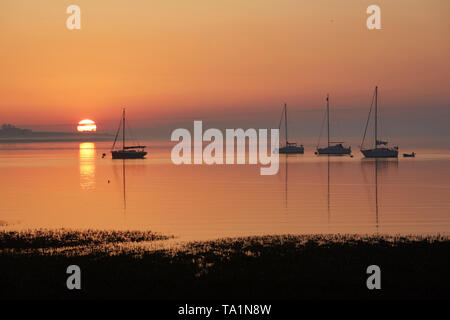 Swale estuario, Kent, Regno Unito. 22 Maggio, 2019. Regno Unito Meteo. Un fresco misty sunrise a Swale estuario in Kent come la marea inizia a retrocedere. Caldo e soleggiato è meteo Le previsioni per i prossimi giorni. Credito: Alan Payton/Alamy Live News Foto Stock