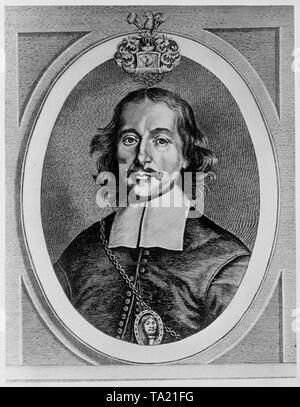 Otto von Guericke, fisico tedesco che ha studiato a pressione atmosferica e i processi elettrici. Con gli emisferi di Magdeburgo ha dimostrato nel 1654 la potenza della pressione atmosferica. Foto Stock