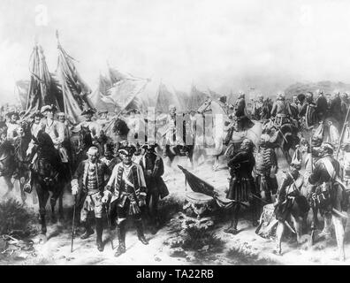 Federico il Grande a Hohenfriedberg', dopo un dipinto di Campenhausen. Il Bayreuther reggimento dragoon porta la conquista di bandiere. Sulla sinistra il comandante del reggimento Otto Martin von Schwerin, nella metà sinistra maresciallo di campo Count Gessler, a destra il cavallo bianco il re di Prussia, proprio accanto allo standard il principe di Prussia, accanto a lui visto da dietro Seydlitz, sulla destra Ziehten, accanto a Winterfeld. Foto Stock