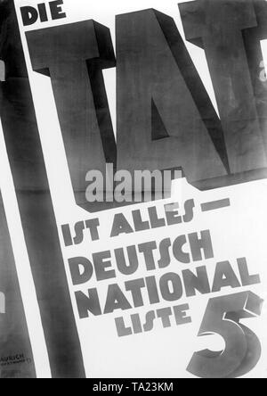 DNVP Cartellone elettorale per le elezioni del Reichstag. Il DNVP tele con "Deed è tutto nazionale tedesco, elenco 5'. Foto Stock