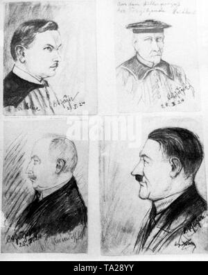 Versione di prova di Adolf Hitler, che è stato incaricato di alto tradimento a causa del suo tentativo di colpo di stato nel novembre 1923. Disegno dei principali partecipanti: avvocato e procuratore Hans Ehard (in alto a sinistra), il presidente della Corte di giustizia, Tribunale di Stato direttore Georg Neithardt (in alto a destra), il generale accusato Erich Ludendorff (in basso a sinistra) e Adolf Hitler (in fondo a destra). Foto Stock