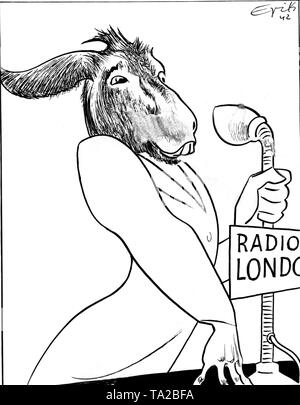 Questo anti-British propaganda poster mostra la British radio host nella forma di un asino con riferimento a British comunicato stampa sulle perdite di sommergibili in Atlantico. Disegno: Erik Foto Stock