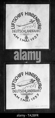 Sul " nazionali " vacanze di Maggio 1, 1937, lettere e cartoline postali potrebbero essere inviati per mezzo di un volo speciale da Hindenburg. Questi hanno ottenuto questo francobollo speciale. Il volo di Hindenburg raggiunto Berlino da Frankfurt am Main e indietro. Foto Stock