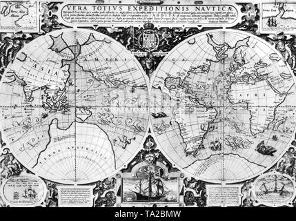 La mappa mostra la circumnavigazione del globo da parte di Sir Francis Drake (1577-80) e Thomas Cavendish (1586-88). Incisione di Jodocus Hondius, intorno al 1595. Foto Stock