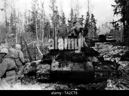 I soldati tedeschi stanno studiando un bruciata serbatoio sovietico (T-34) in una foresta a sud-est del lago Ilmen. In background, più abbattuto serbatoi. Foto di Propaganda Company (PK): corrispondente di guerra von der Becke. Foto Stock