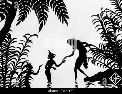 Questa foto mostra una scena dalla silhouette film 'Le avventure del principe Achmed' da Charlotte Reiniger. La silhouette film, noto anche come silhouette animazione, è una tecnica di film animato in cui i contorni sono messi insieme su un vetro illuminato nella piastra anteriore di un bianco o sfondo nero per formare una pellicola. Il risultato è la pellicola di silhouette, ispirata dal teatro ombra e le tecniche pittoriche di silhouette di taglio. Foto Stock