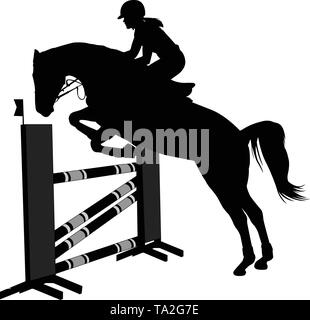 Show Jumping. cavallo con fantino saltando un ostacolo silhouette - vettore Illustrazione Vettoriale