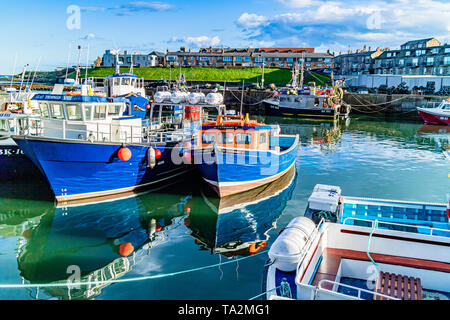 Barche colorate nel nord del porto di Sunderland dominato da case a schiera in Seahouses, Northumberland, Regno Unito. Settembre 2018. Foto Stock
