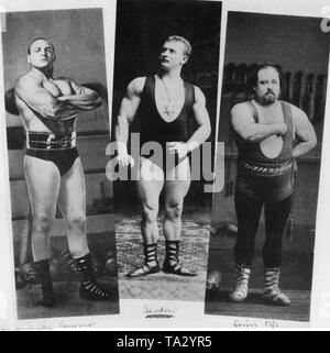Lottatori Joe Bonomo, Eugen Sandow e Louis Cyr (da sinistra a destra). Eugen Sandow fu un pioniere tedesco culturista noto come il padre della moderna bodybuilding' Foto Stock
