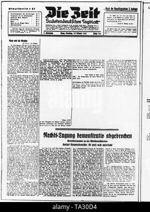 Pagina anteriore dei Sudeti giornale tedesco 'Die Zeit". Il problema dei rapporti sulla dimostrazione in Teplitz-Schoenau (oggi Teplice). L'articolo è stato censurato da il Prager Amtliches Nachrichtenbuero (Agenzia Ufficiale di Praga). Dato che la presa del potere dei nazionalsocialisti in Germania, i conflitti tra i Sudeti minoranza tedesca e il Czechoslovaks ha intensificato. Foto Stock