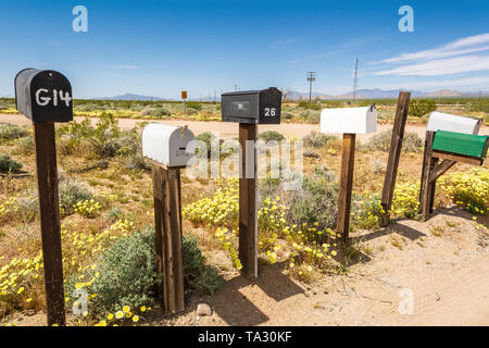 Fila di vecchi U.S.caselle di posta lungo il percorso 66, CALIFORNIA, STATI UNITI D'AMERICA Foto Stock