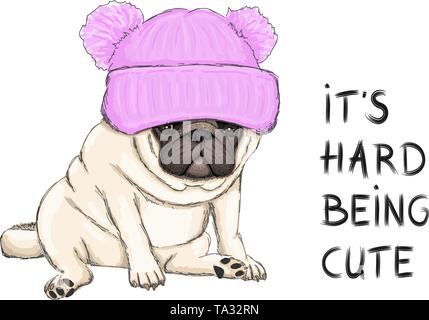 Colorata illustrazione vettoriale di divertenti pug cucciolo di cane seduto con maglia rosa hat e testo il suo disco essendo carino Illustrazione Vettoriale