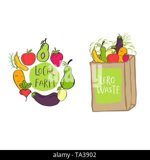 Disegnata a mano Rifiuti Zero logo o segno. Badge Eco, tag per lo shopping, nessun mercato di plastica, prodotti packaging.naturale di foglie, rami, elementi vegetali con Illustrazione Vettoriale