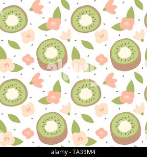 Carino grazioso cartoon estate vettore seamless pattern illustrazione dello sfondo con disegnati a mano kiwi e fiori Illustrazione Vettoriale