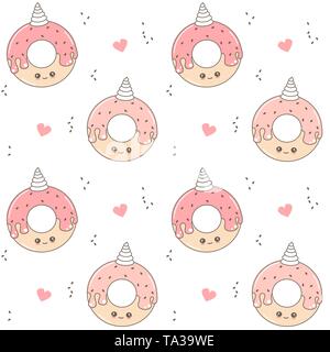 Cartoon carino seamless disegno vettoriale illustrazione dello sfondo con la ciambella unicorn Illustrazione Vettoriale