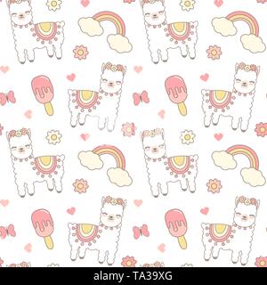 Cartoon carino seamless disegno vettoriale illustrazione dello sfondo con lama alpaca, gelato, rainbow, cuori, fiori e farfalle Illustrazione Vettoriale