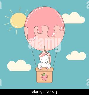 Cartoon carino unicorn battenti con palloncino di aria nel cielo di vettore illustrazione piatta Illustrazione Vettoriale