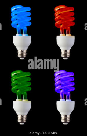Set di lampadine colorate al neon CFL isolate su sfondo nero Foto Stock