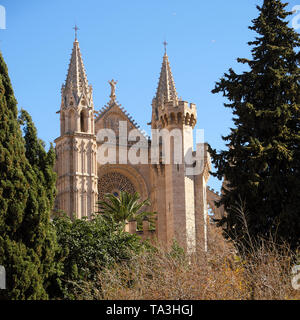 Palma Mallorca Cattedrale Santa Maria La Seu vista frontale rosone in verticale Foto Stock