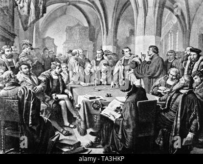 Martin Lutero e Ulrich Zwingli in Marburg durante il colloquio di Marburg, 1529 datata (foto). Foto Stock